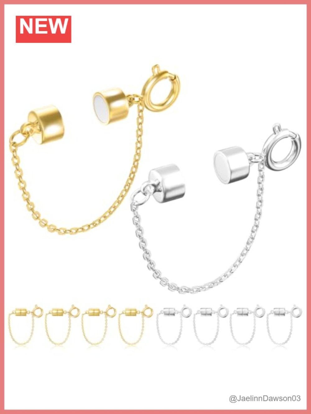 Magnetic Bracelet Clasps with Safety Chain, Set of 8, Brass, Polished